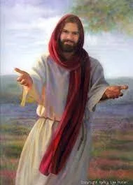 A painting of Jesus Christ with open arms, wearing a robe and a red scarf, outdoors with trees and sky in the background.