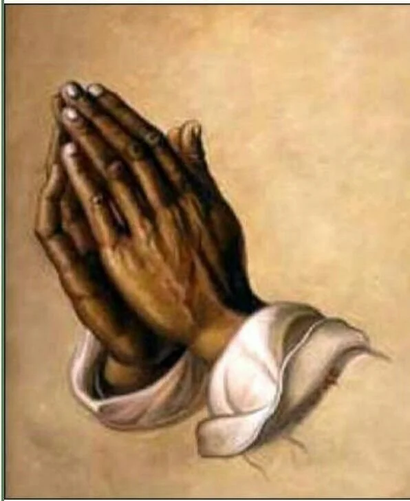 Painting of two clasped hands in prayer with a visible arm and part of a white garment.