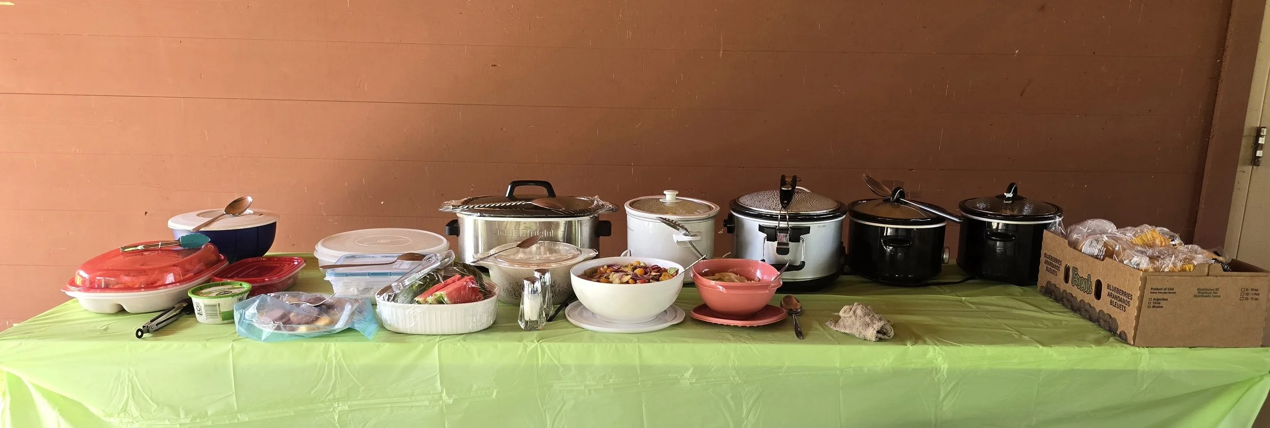 Buffet table with various dishes and slow cookers, covered with a green tablecloth, against a wooden wall.