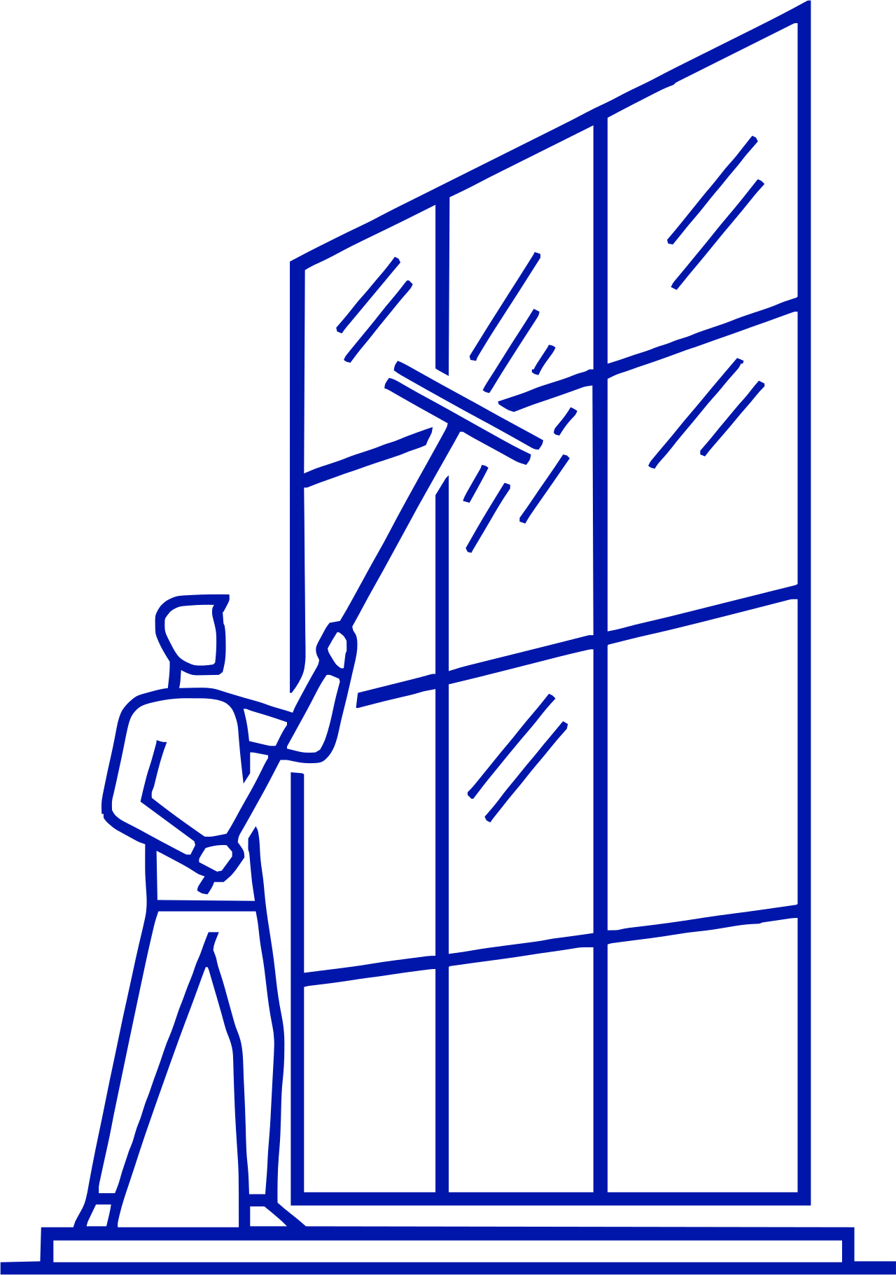 A person cleaning a large glass window with a squeegee.