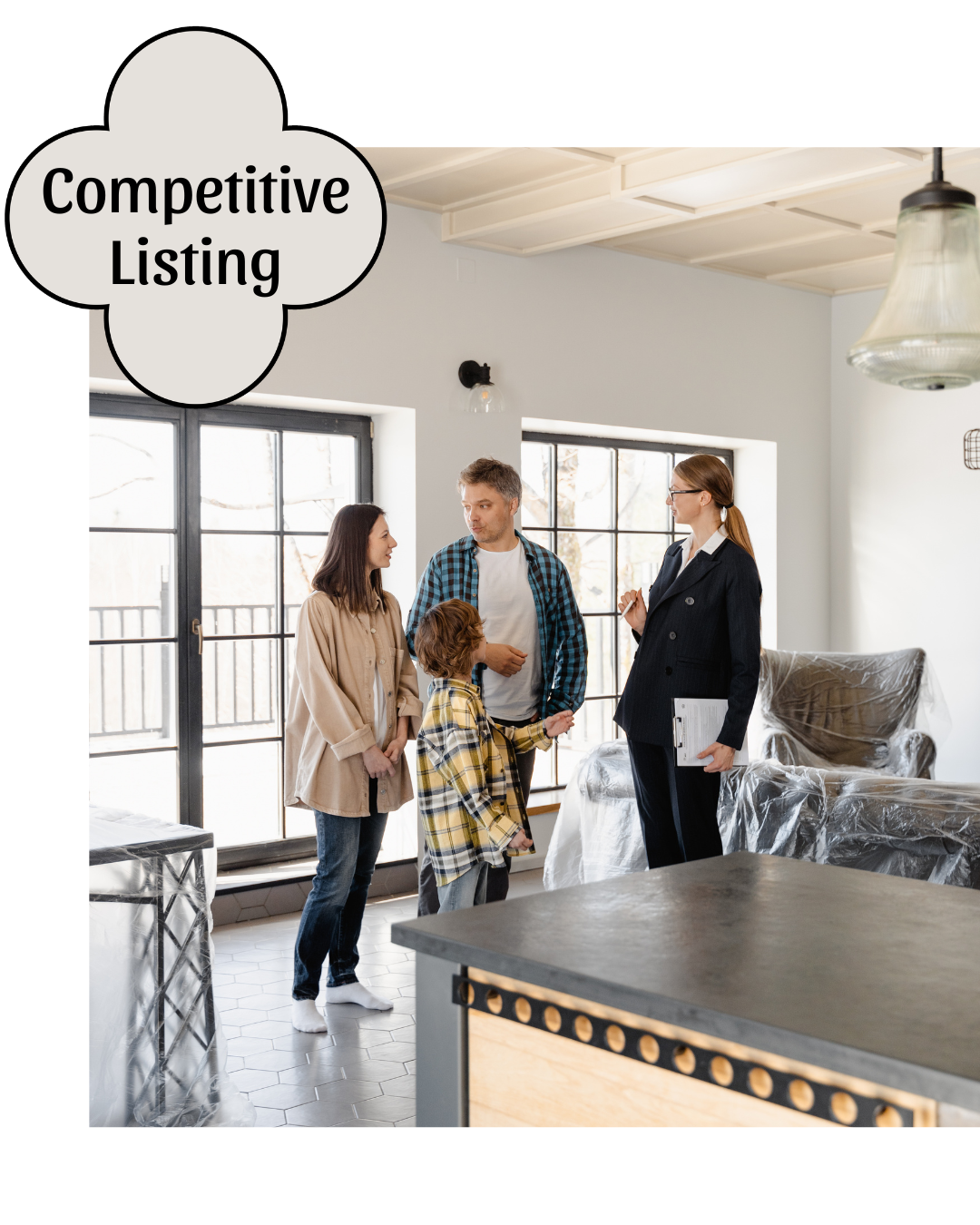 Family house tour with real estate agent, discussing key points inside a modern living room, with a speech box that reads "Competitive Listing."