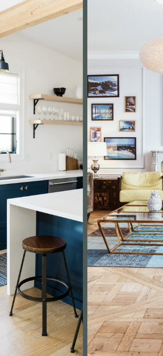 A split image showing a kitchen on the left and a living room on the right. The kitchen has white walls, a window, open shelves with glassware, and a blue lower cabinet with a white countertop. The living room features a yellow sofa, a coffee table, framed artwork on the wall, and a patterned rug.