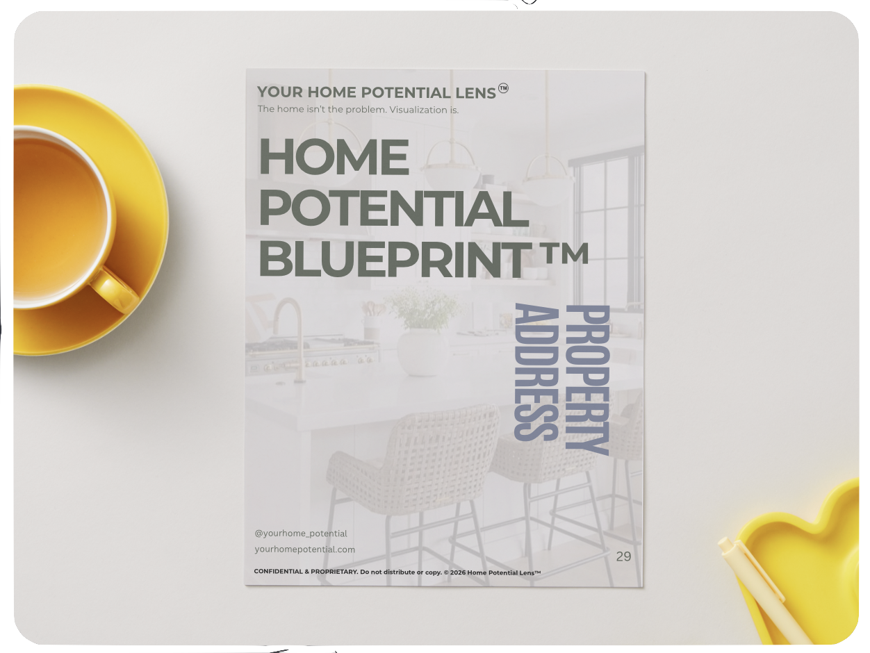 A printed booklet titled 'Home Potential Blueprint' on a white table, with a yellow coffee cup and a yellow heart-shaped tray nearby, featuring a modern kitchen background.