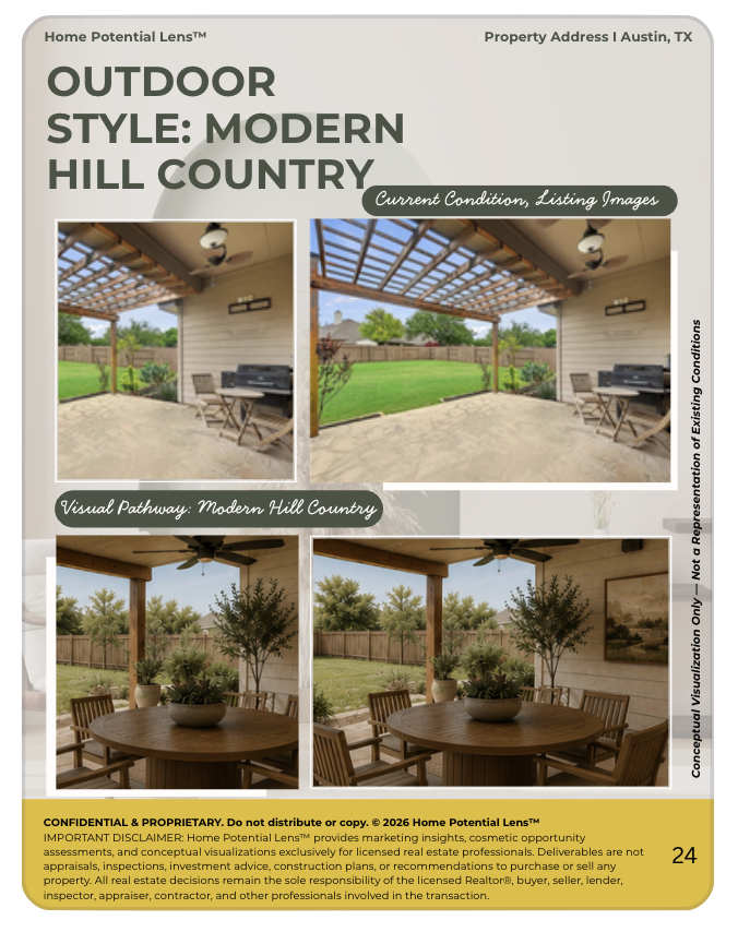 Comparison of current property conditions with an enhanced visualization showing a modern outdoor area with a wooden pergola, patio, and backyard with a green lawn and trees, and a covered patio with a wooden dining table and chairs.