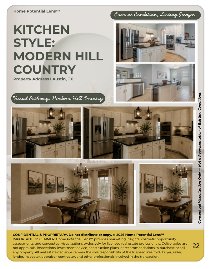 A real estate flyer showcasing modern kitchen and dining room images in a home located in Austin, Texas, with a focus on modern hill country style design.