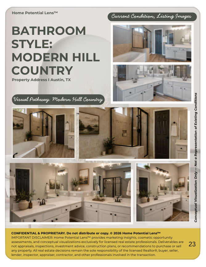 Compilation of photos showing a modern hill country style bathroom with a bathtub, walk-in shower, double vanity sinks, and interior decor.