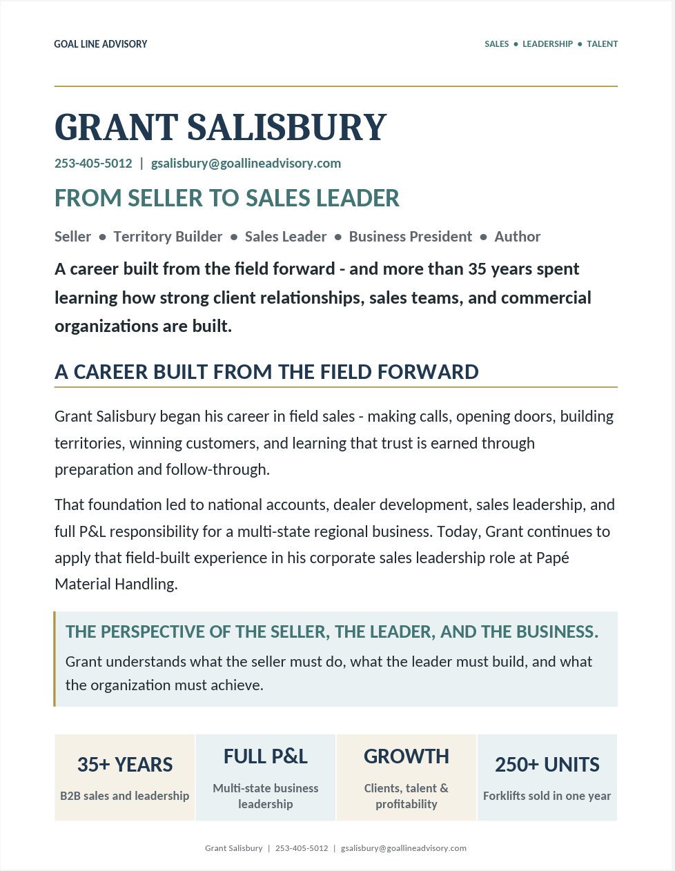 A professional biography for Grant Salisbury, highlighting his career from field sales to sales leadership, with contact information and key achievements.