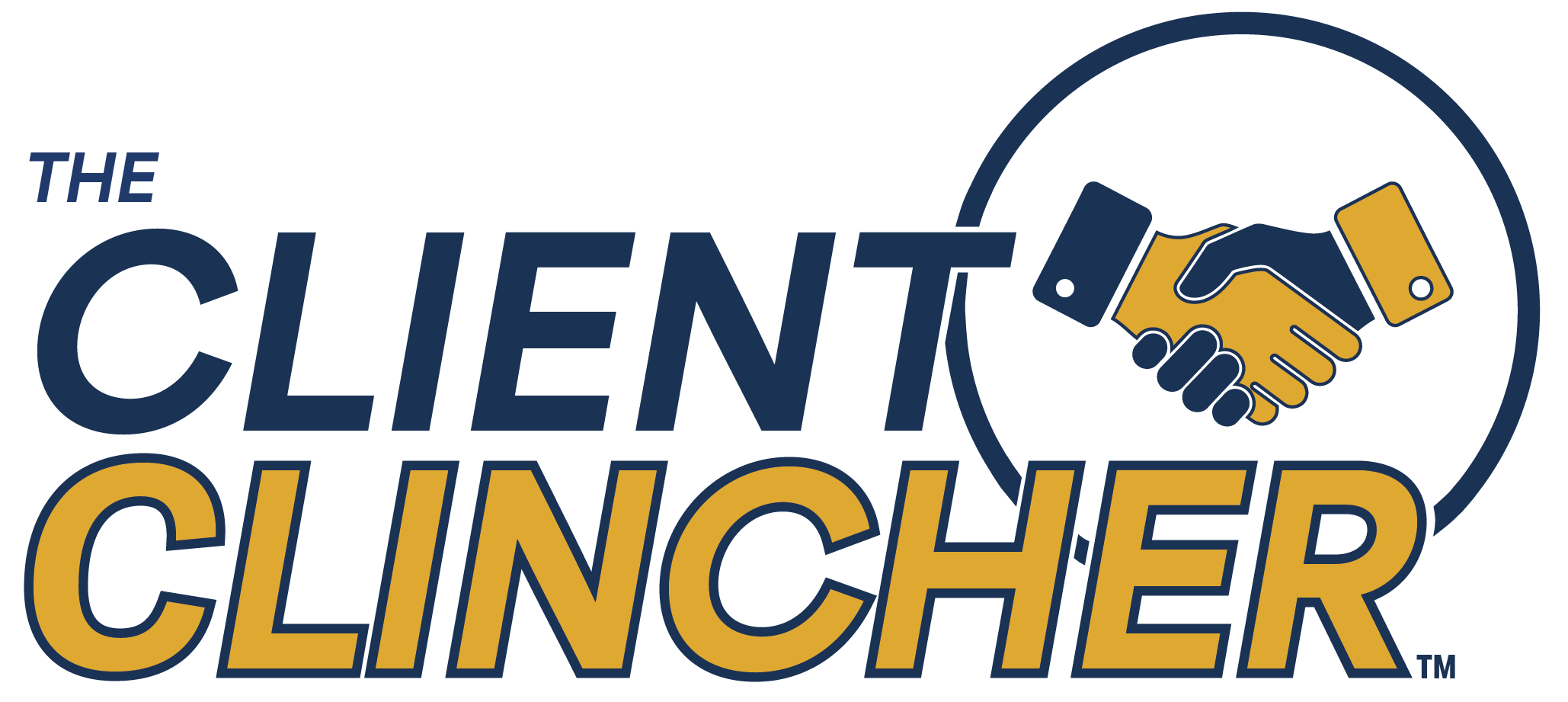 The logo for 'The Client Clencher,' featuring a handshake with the phone hand in navy and yellow, and the text in navy and gold.