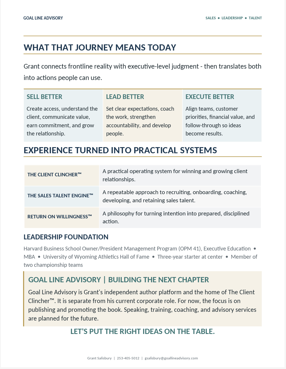 A professional business brochure or webpage discussing leadership, sales, talent, and a framework for client relationships, including sections on 'Sell Better,' 'Lead Better,' 'Execute Better,' and foundational philosophies and programs.