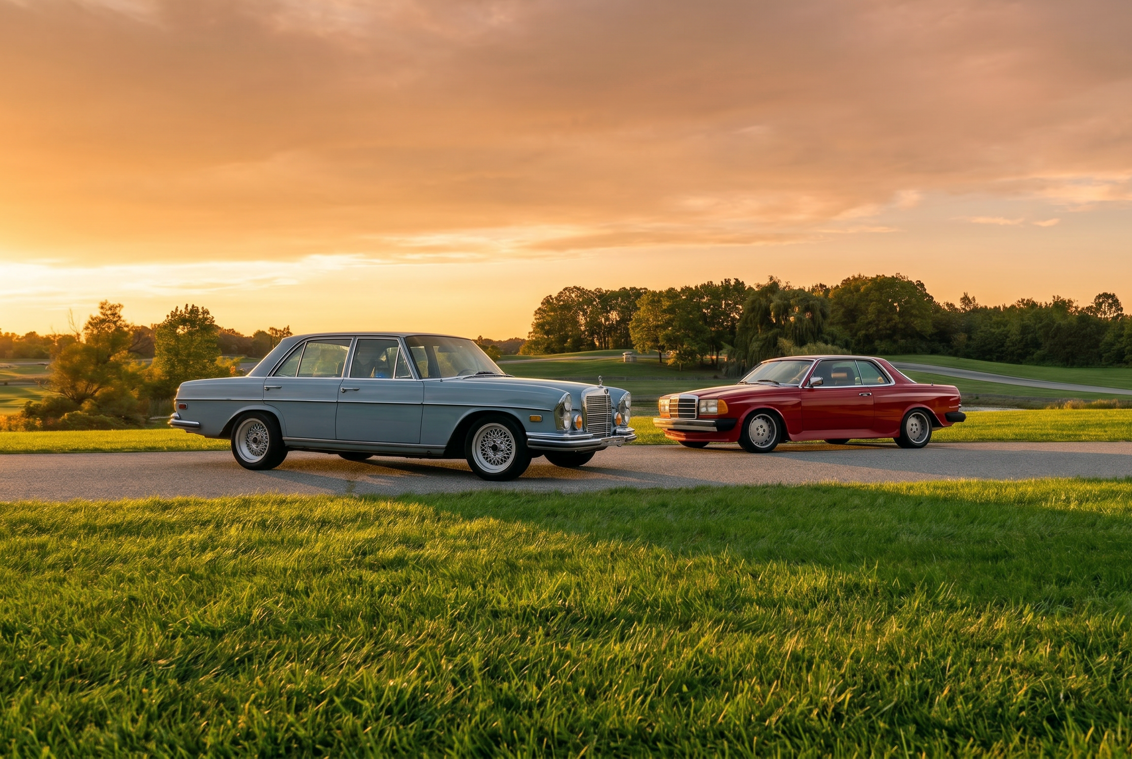 Two classic cars, a light blue Mercedes-Benz and a red Ford, parked on a grassy field with a scenic sunset and trees in the background.