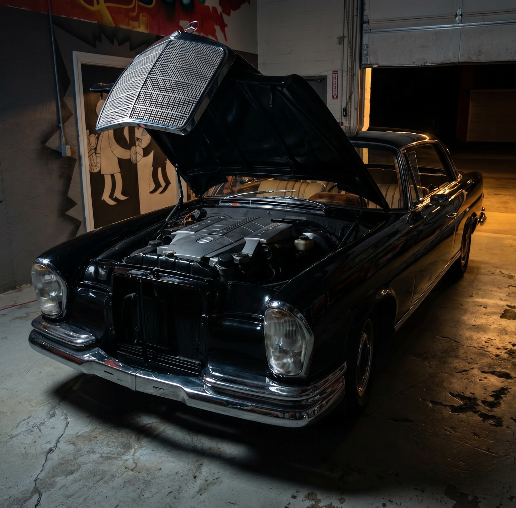 A black luxury Mercedes-Benz car with its hood open inside a garage.