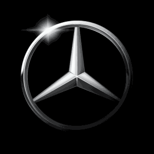 Mercedes-Benz logo with a shiny, reflective silver three-pointed star inside a circle against a black background