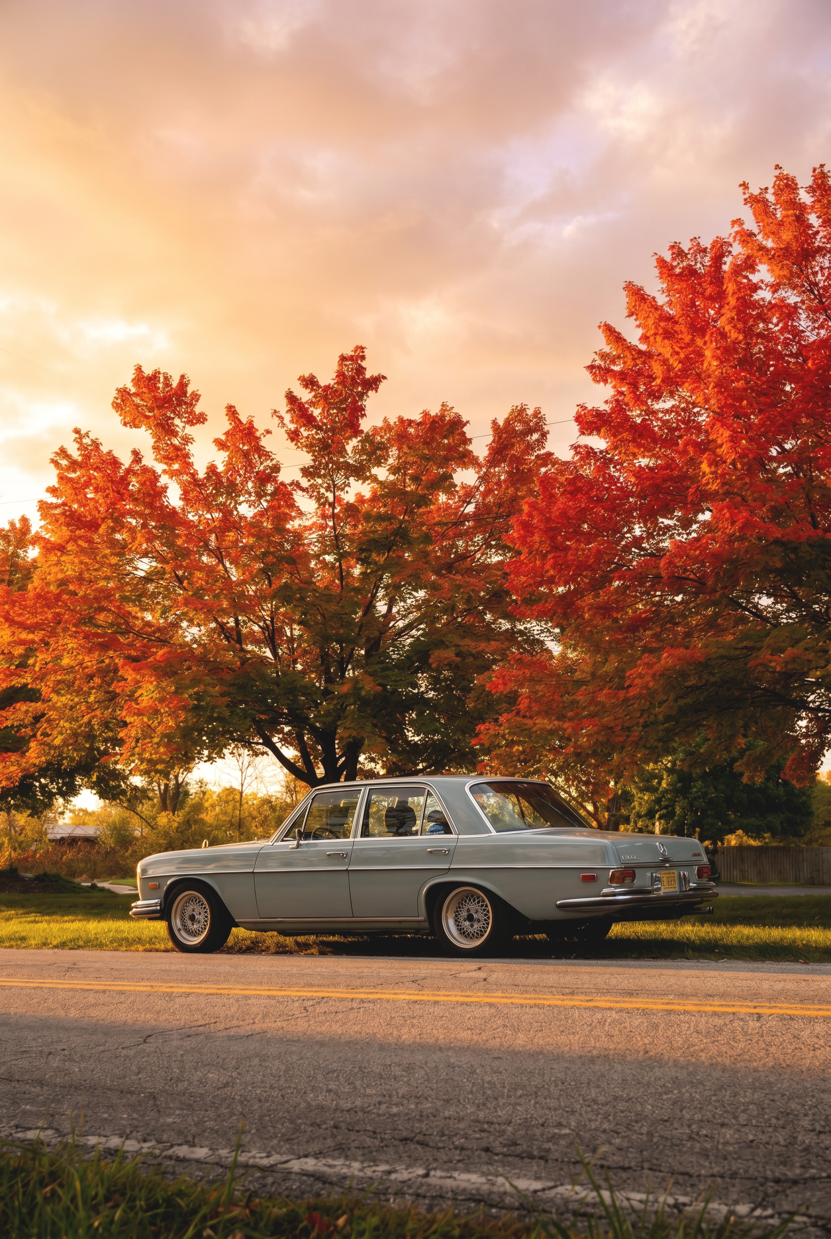 A vintage silver car parked on the side of a road beneath a large tree with vibrant red and orange autumn leaves, sunset sky in the background.