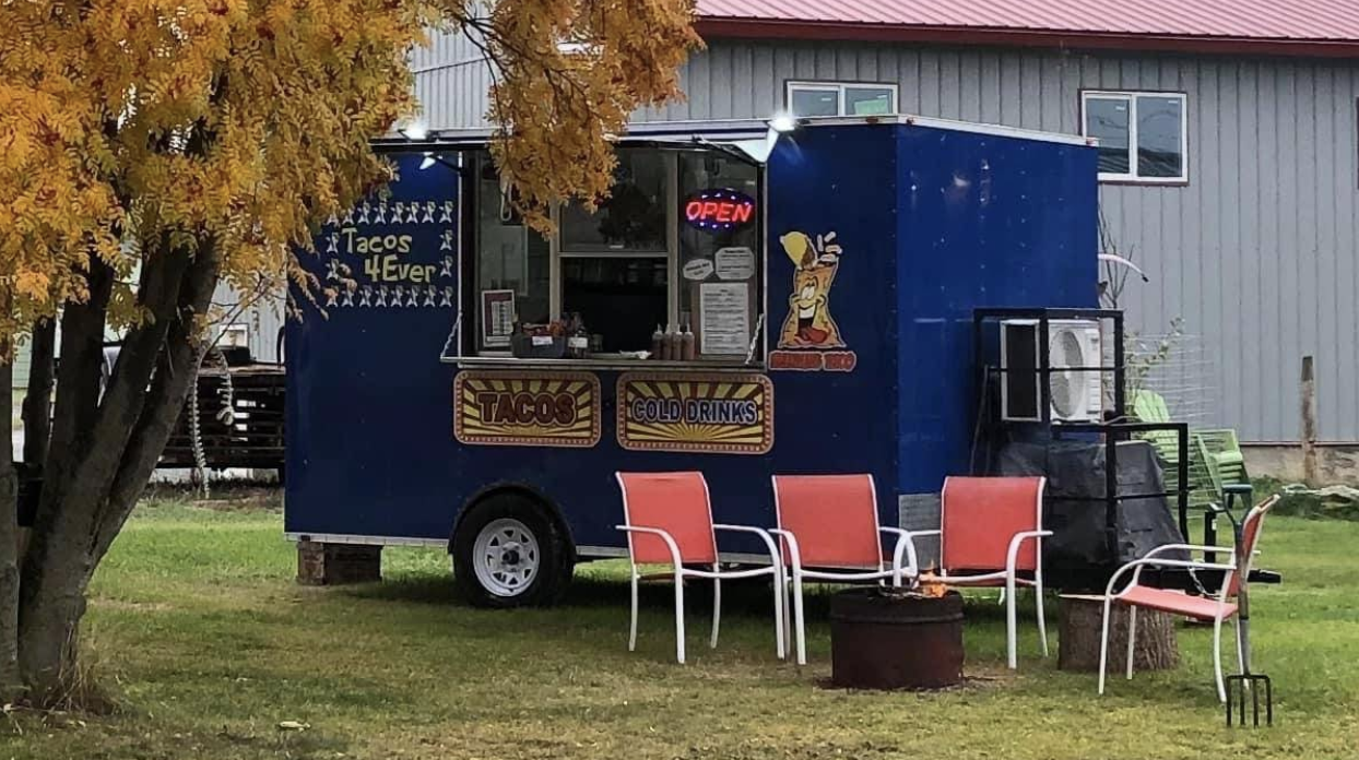 A blue food truck parked on grass, with four pink chairs and a black fire pit in front of it, a tree with autumn leaves partially obscures the truck, and a gray building is in the background.