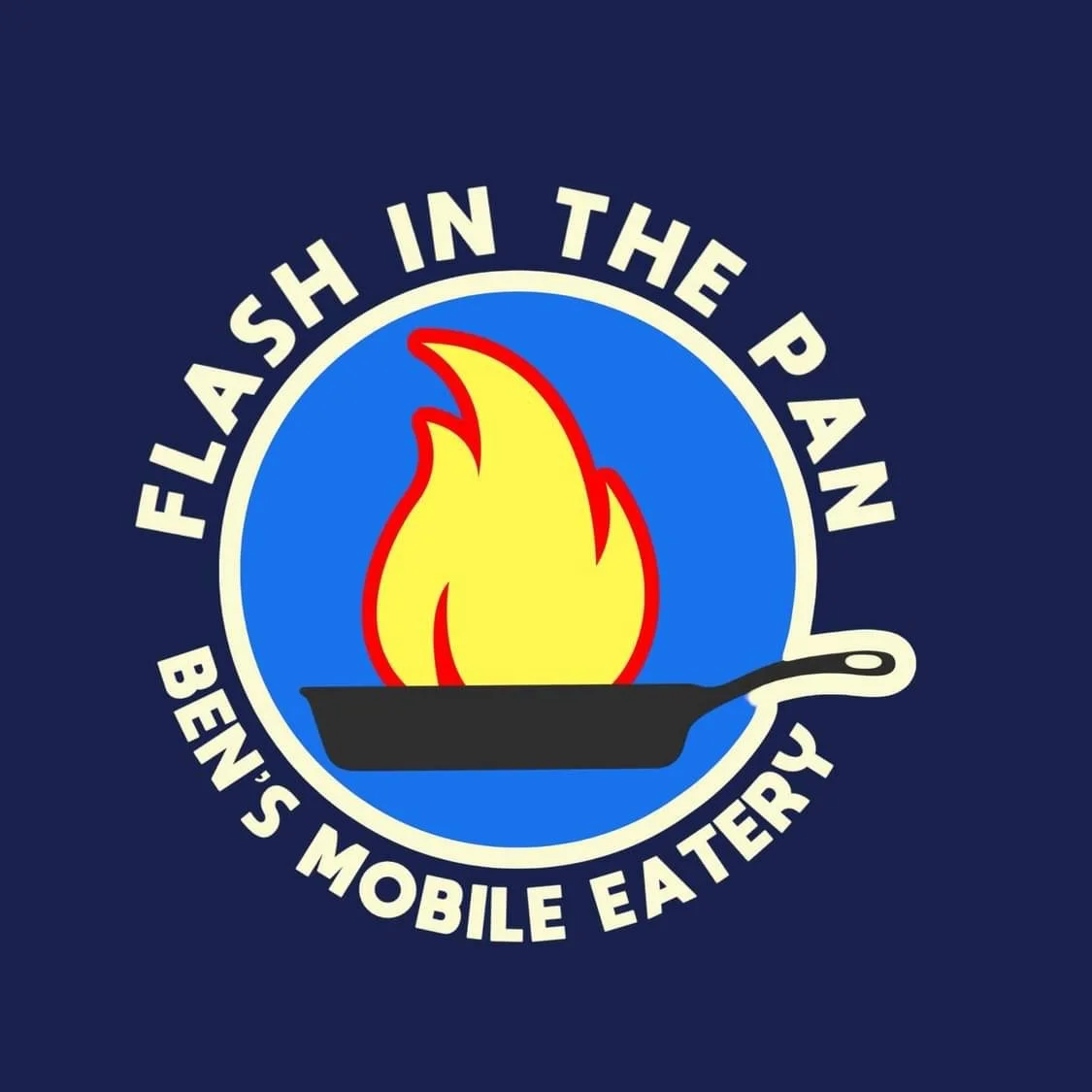 Logo with a black frying pan with a yellow flame, surrounded by the text 'Flash in the Pan' and 'Ben's Mobile Eatery' on a blue background.
