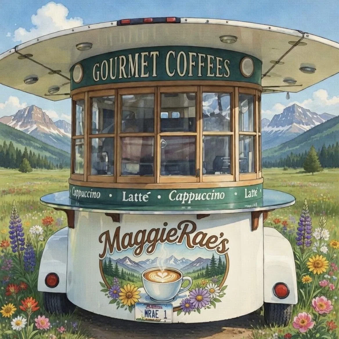 A vintage mobile coffee stand with a scenic mountain backdrop and surrounding wildflowers. The stand features signs for 'GOURMET COFFEES,' 'Cappuccino,' 'Latte,' and a colorful logo for 'MaggieRae's' with a coffee cup illustration.