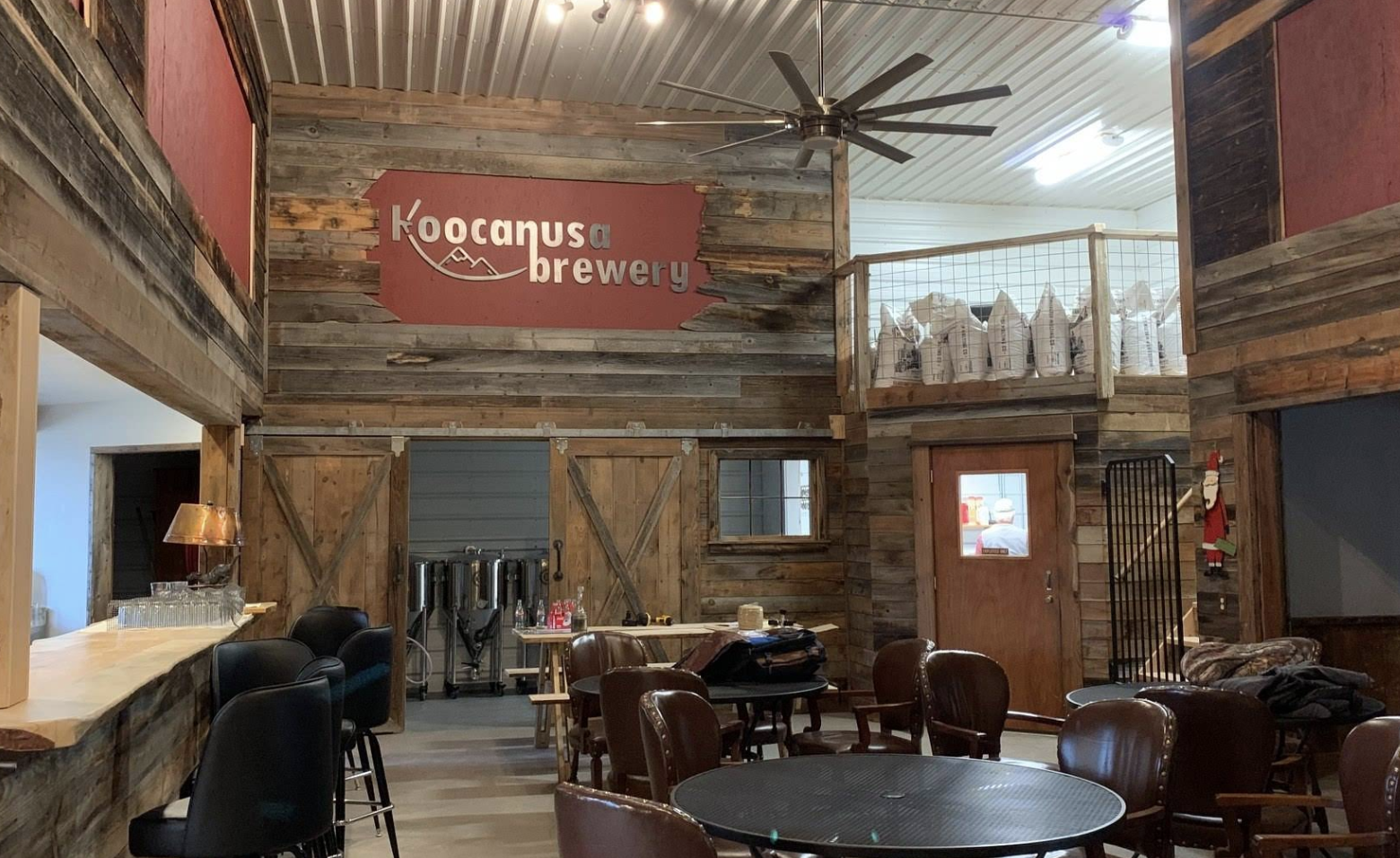 Interior of a rustic brewery with wooden walls and furniture, a large ceiling fan, and a sign that reads 'Kocany's Brewery'. There are bar stools, tables, and chairs, with brewing equipment and bags of ingredients visible in the background.