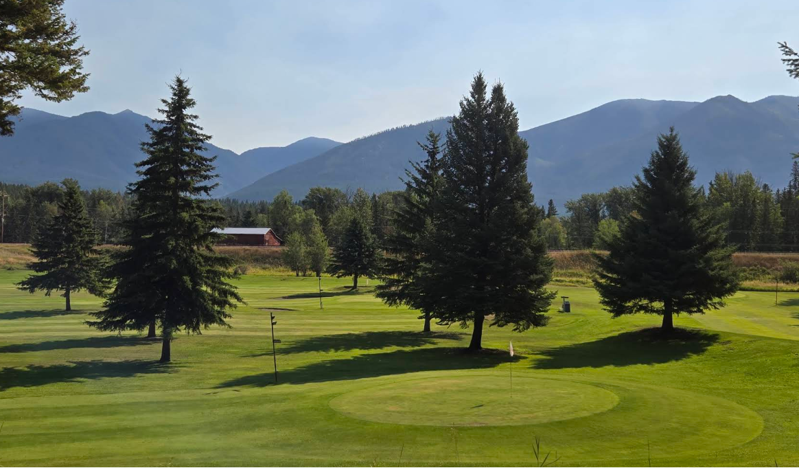A golf course with neatly manicured green grass, surrounded by tall pine trees and mountains in the background, under a partly cloudy sky.
