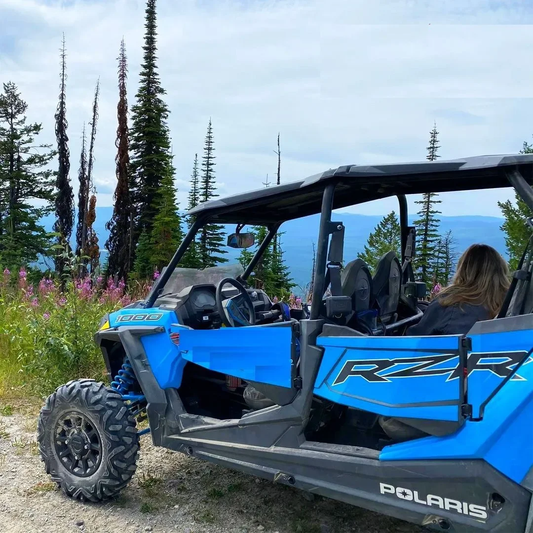 A blue Polaris RZR side-by-side off-road vehicle parked on a dirt trail in a forested area with tall pine trees and mountains in the background, and a woman with long hair seated inside.
