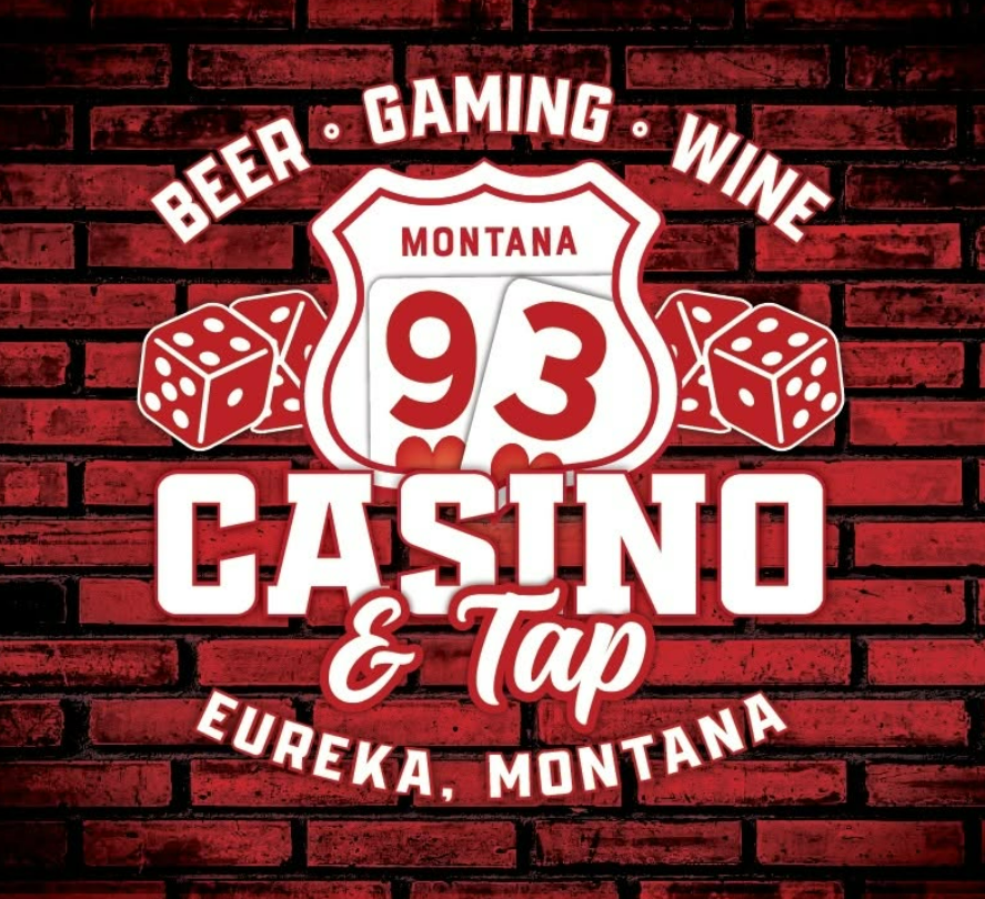 Red brick wall background with a sign for Montana 93 Casino & Tap, featuring dice, a shield with the number 93, and text advertising beer, gaming, wine, and tap.