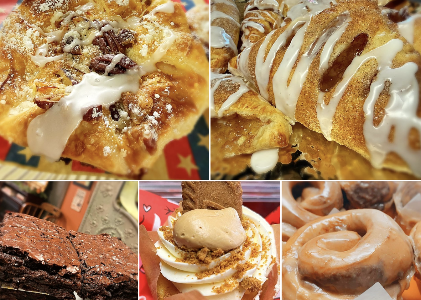 A collage of five different desserts: a slice of pizza with toppings, cinnamon rolls with icing, a brownie, a cupcake with cream and a dollop of peanut butter, and glazed cinnamon rolls.