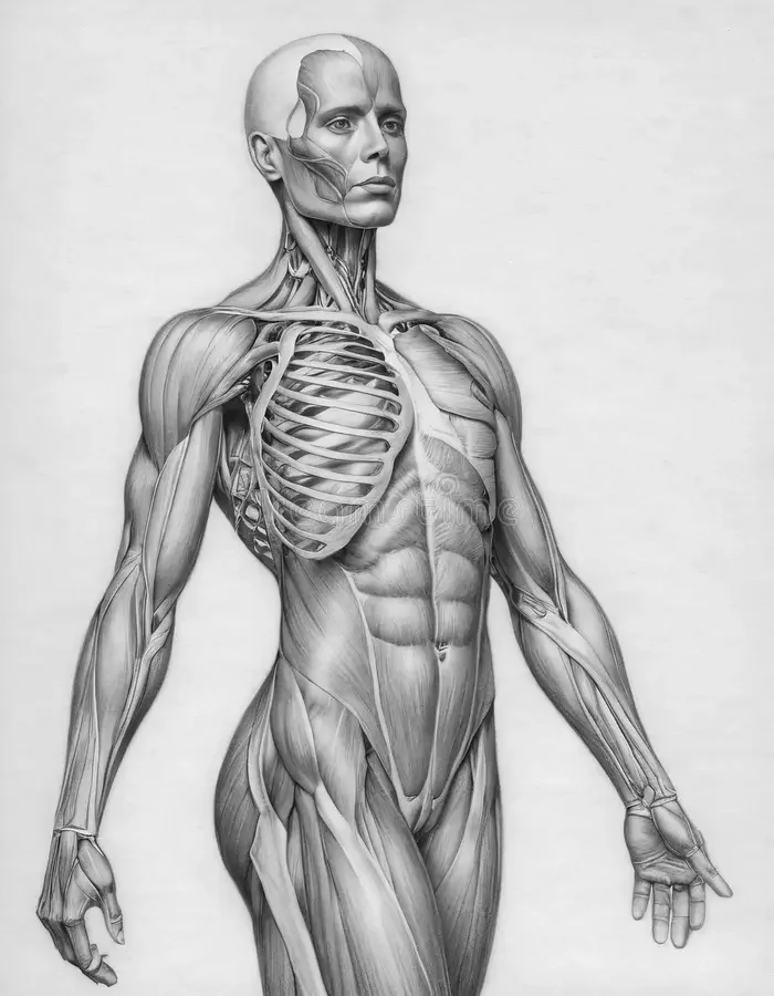 Detailed anatomical illustration of a human male figure, showing muscles, bones, and internal structures in grayscale.