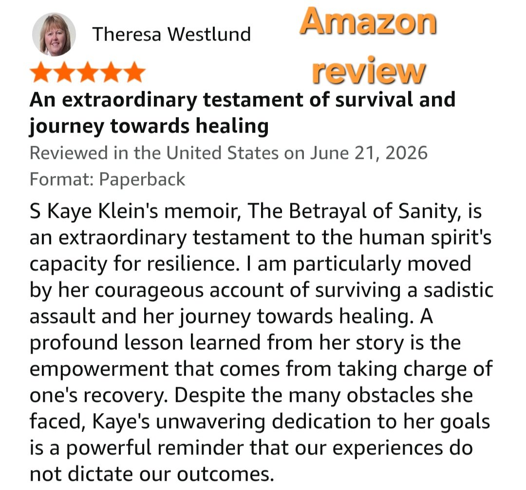 Screenshot of an Amazon review for a book, featuring a profile picture of a woman, five orange stars, the review title "An extraordinary testament of survival and journey towards healing," and a detailed review of the book.