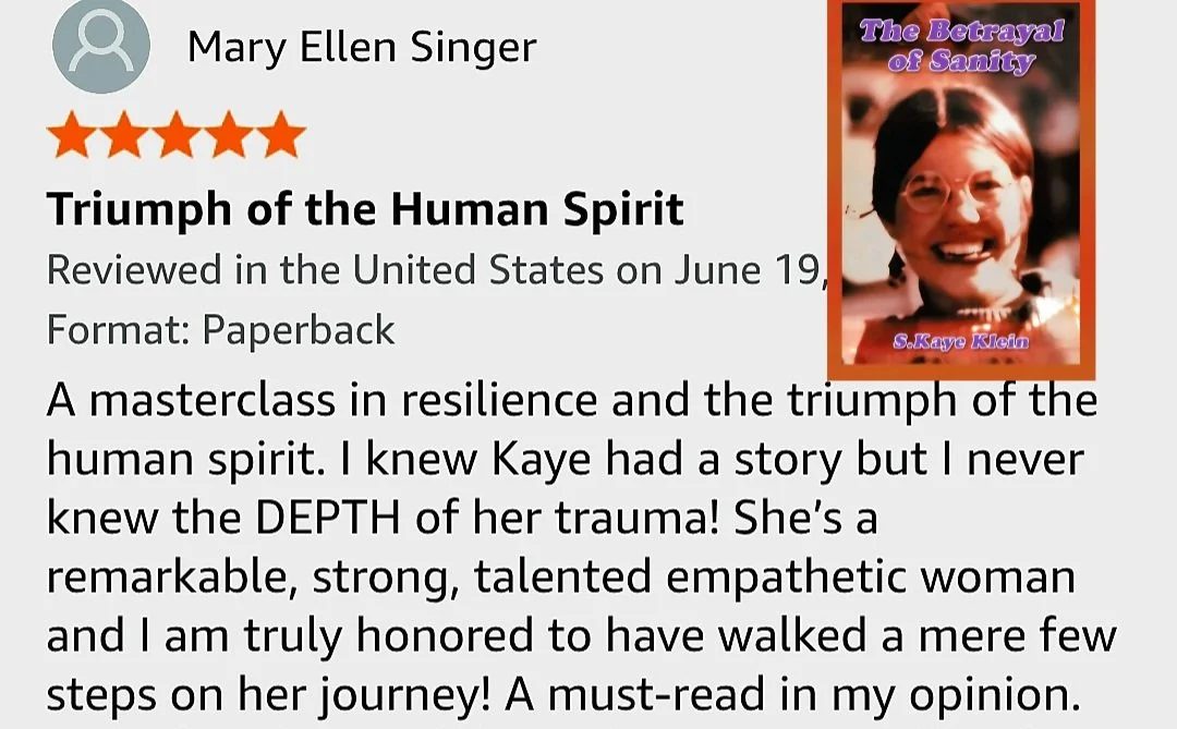 Book cover titled "The Betrayal of Sanity" by S. Kaye Klein, featuring a woman with glasses smiling.