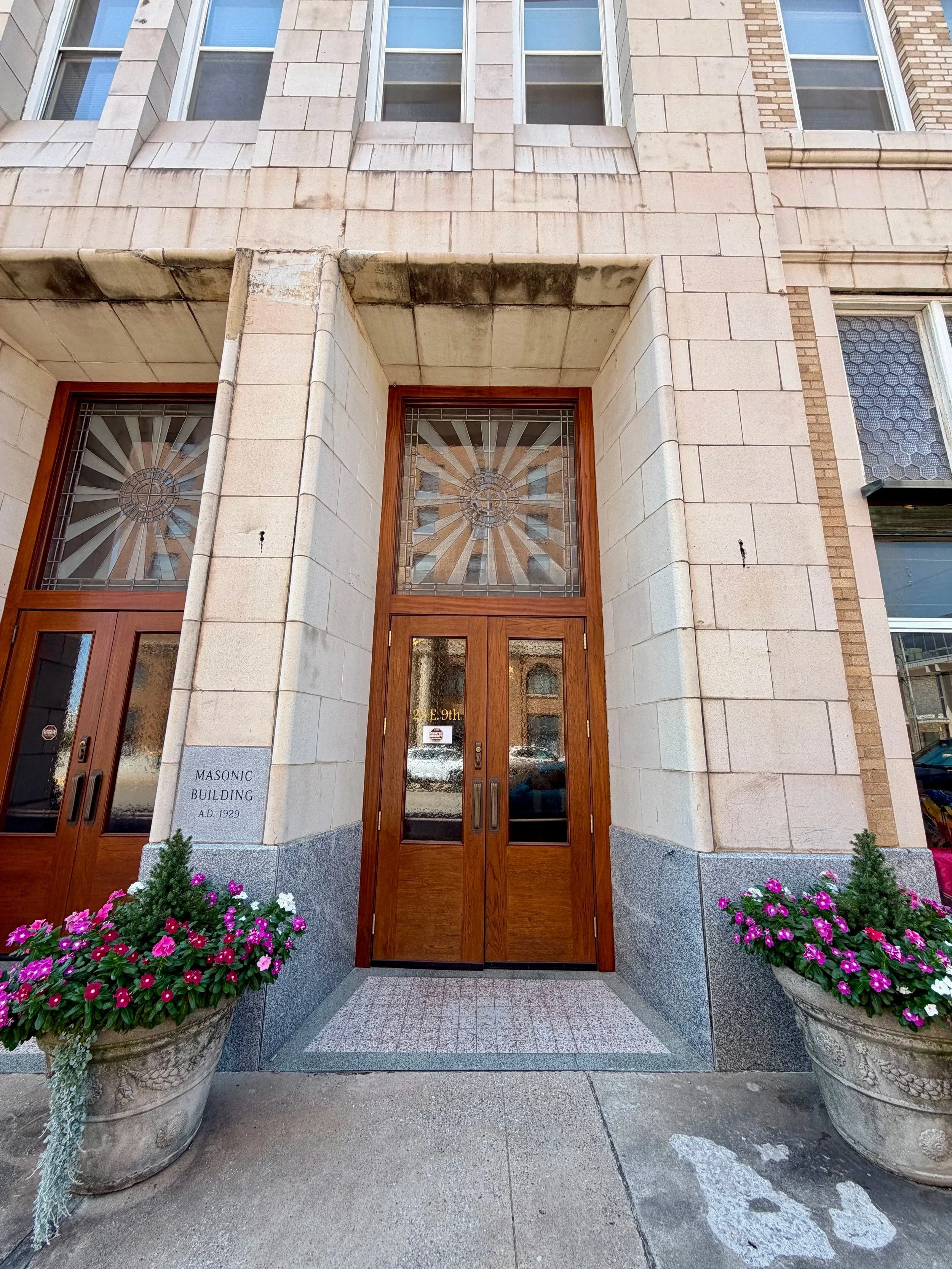 Front of a historic masonic building in downtown Shawnee, Oklahoma.
