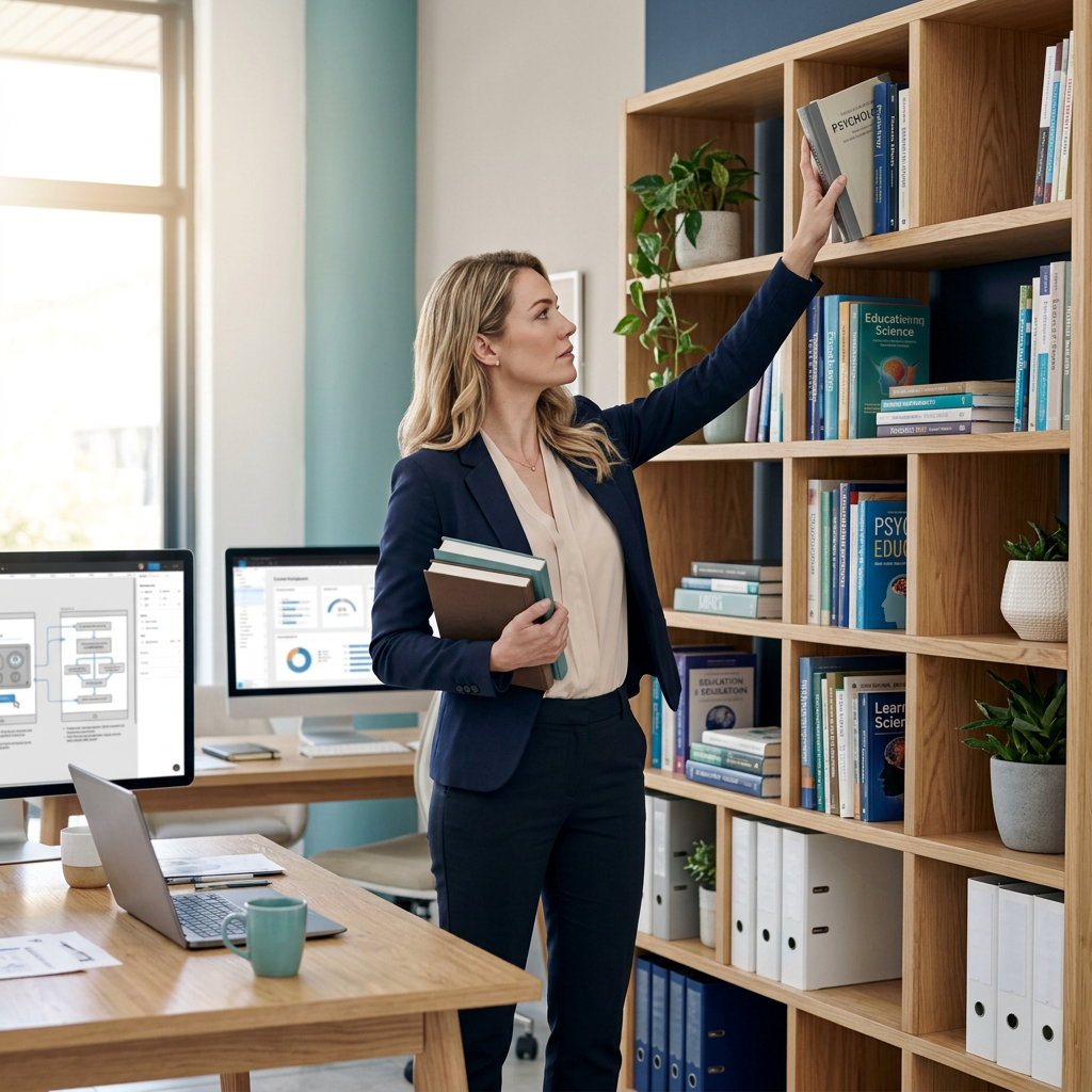 Learning consultant pulling research books from an office bookshelf, with course storyboards and data dashboards on computer screens behind her