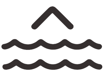 Stylized sailboat with waves, mountains, and sun in black and gray.