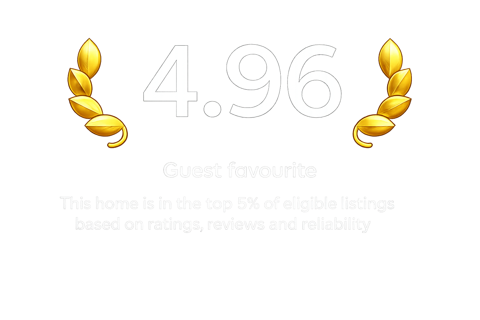 A digital badge displaying the number 4.96 in large white font, with gold laurels on both sides. Text below reads 'Guest favourite' and 'This home is in the top 5% of eligible listings based on ratings, reviews and reliability.'