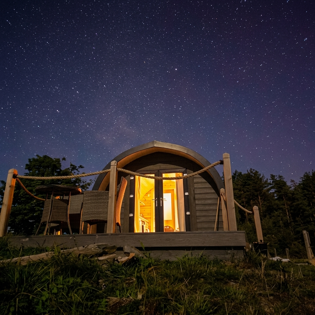 A small wooden cabin with lights on inside, surrounded by a wooden railing, with a starry night sky above and trees in the background.