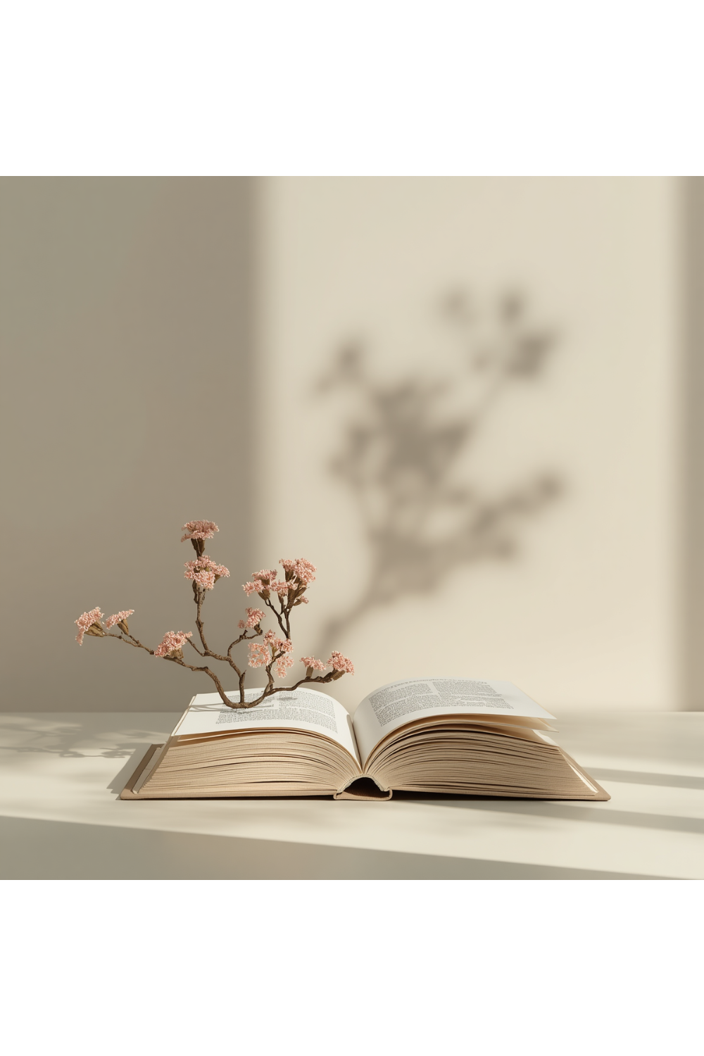 An open book with a small pink flowering branch on one of its pages, casting a shadow on a plain light-colored background.