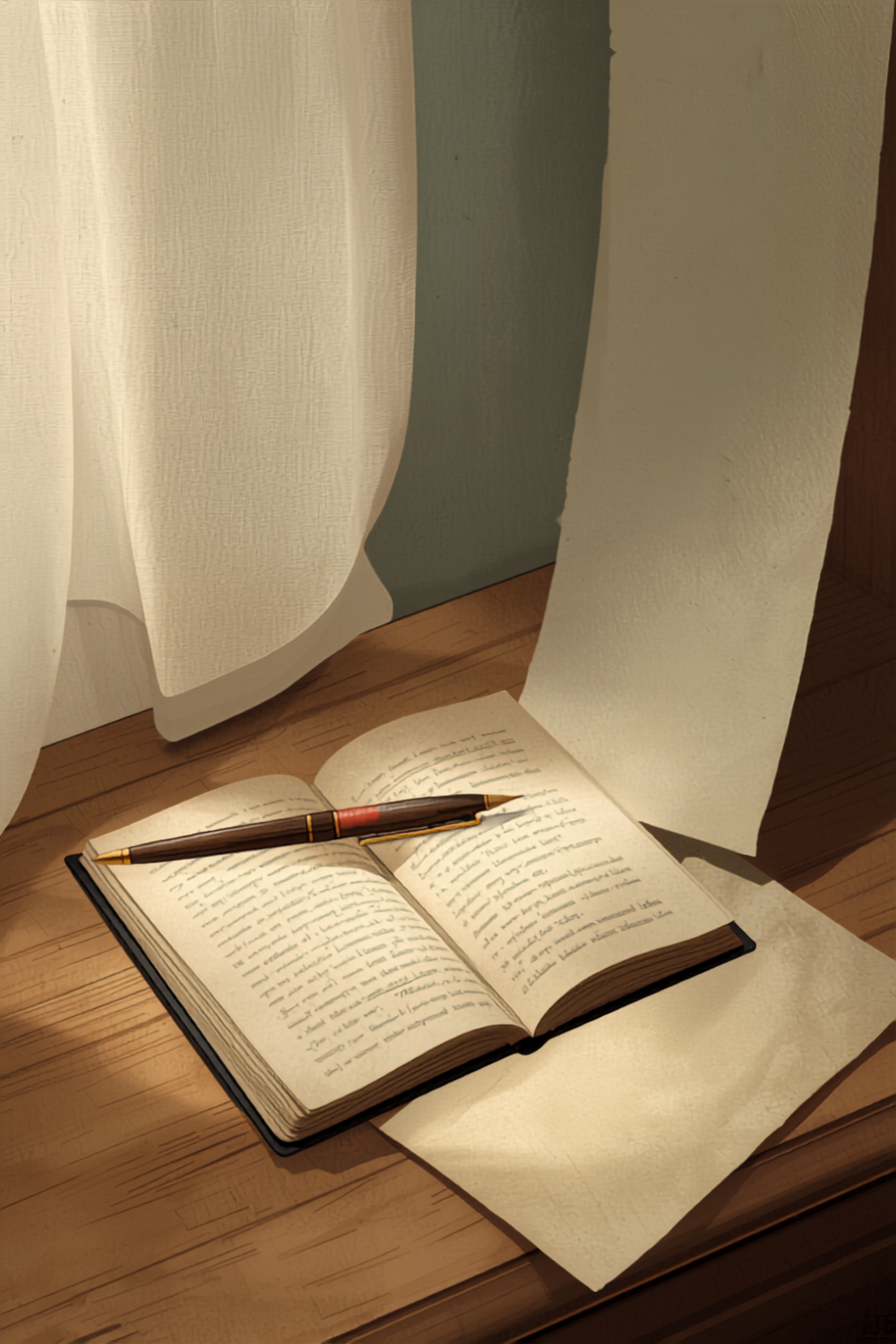 An open notebook with handwritten text and a pen resting on it, placed on a wooden surface next to a sheet of paper, with curtains in the background.