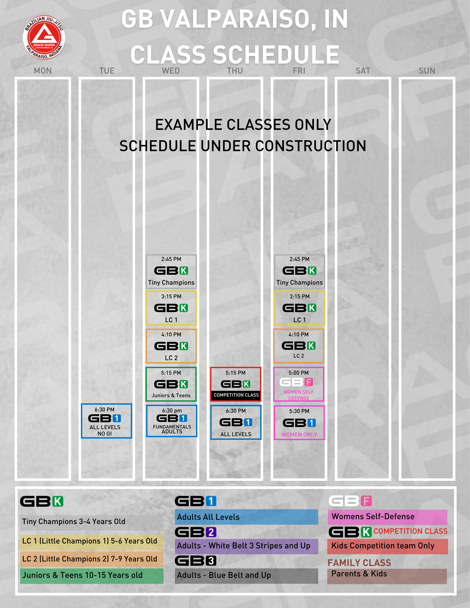 Sample martial arts class schedule for GB Valparaiso, Indiana, with classes for different age groups, skill levels, and gender-based classes, color-coded for easy navigation.