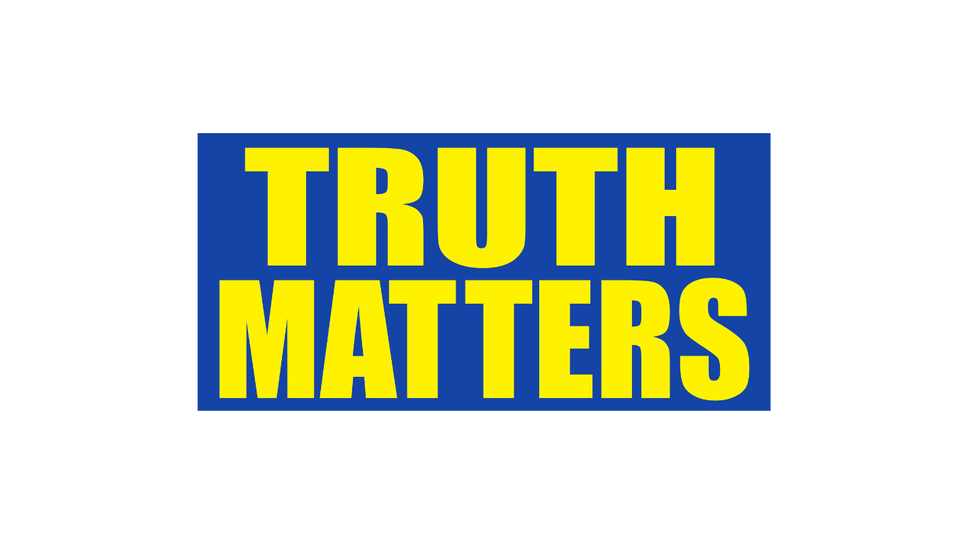 A blue rectangle with yellow text that reads "TRUTH MATTERS."
