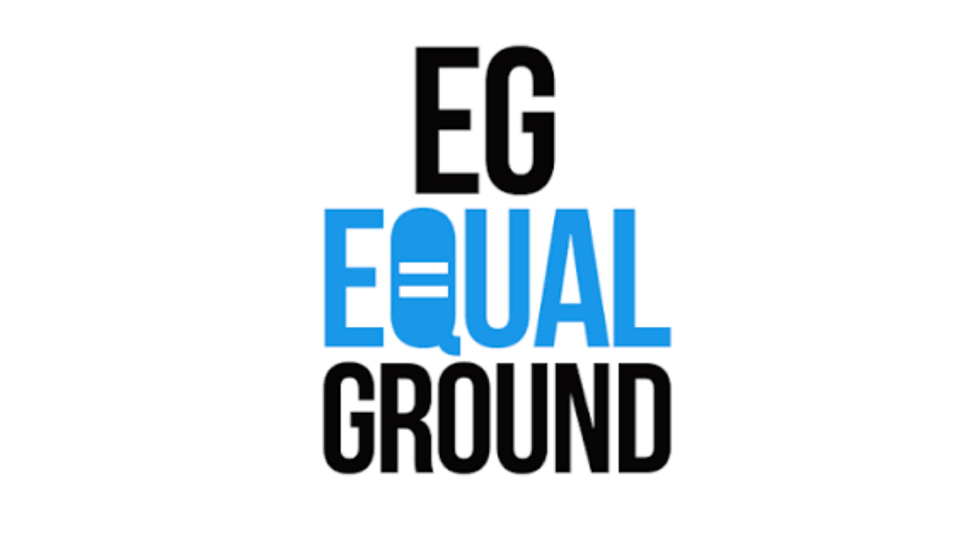 Text graphic reading 'EG EQUAL GROUND' with parts of the word 'EQUAL' stylized and in blue, with a white background.