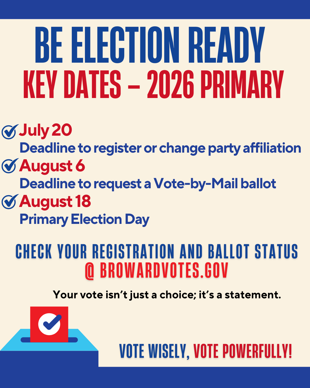 Political election information poster with key dates for 2026 primary elections, including registration, ballot requests, and primary day, with a voting box graphic and the slogan 'Vote Wisely, Vote Powerfully!'