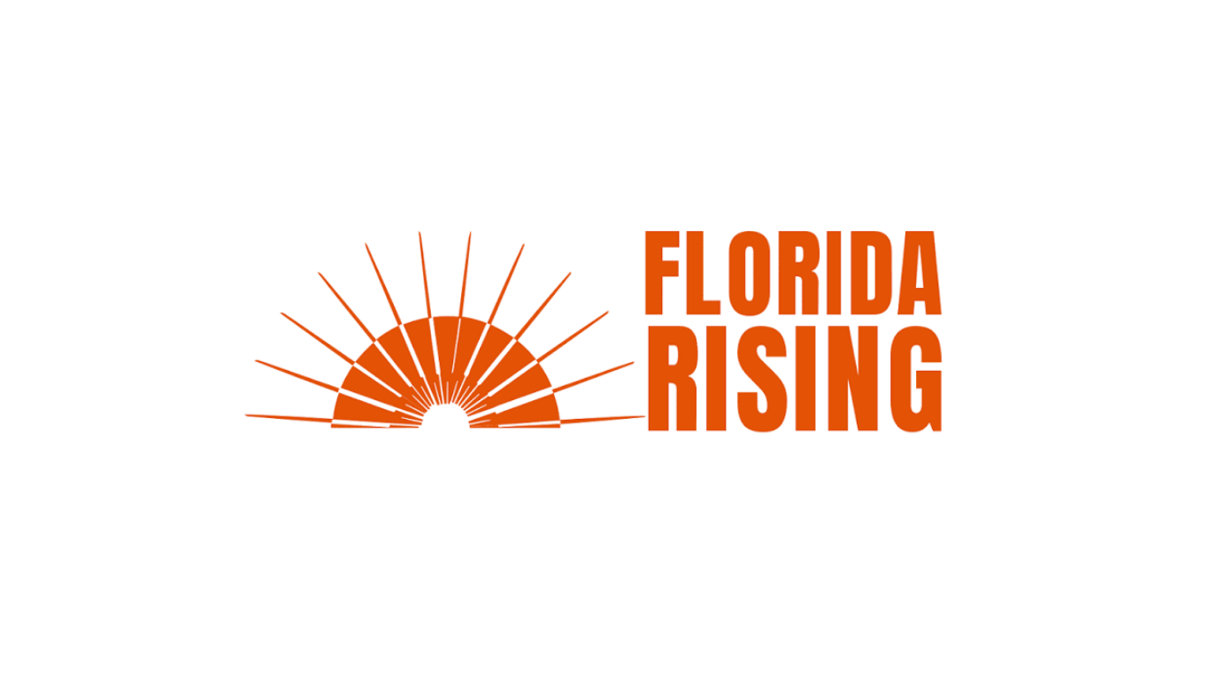 Sunset graphic with rays and the text 'Florida Rising' in orange.