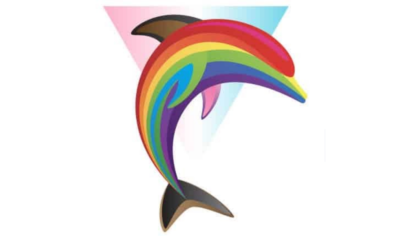 A dolphin with rainbow price colors and a triangle behind