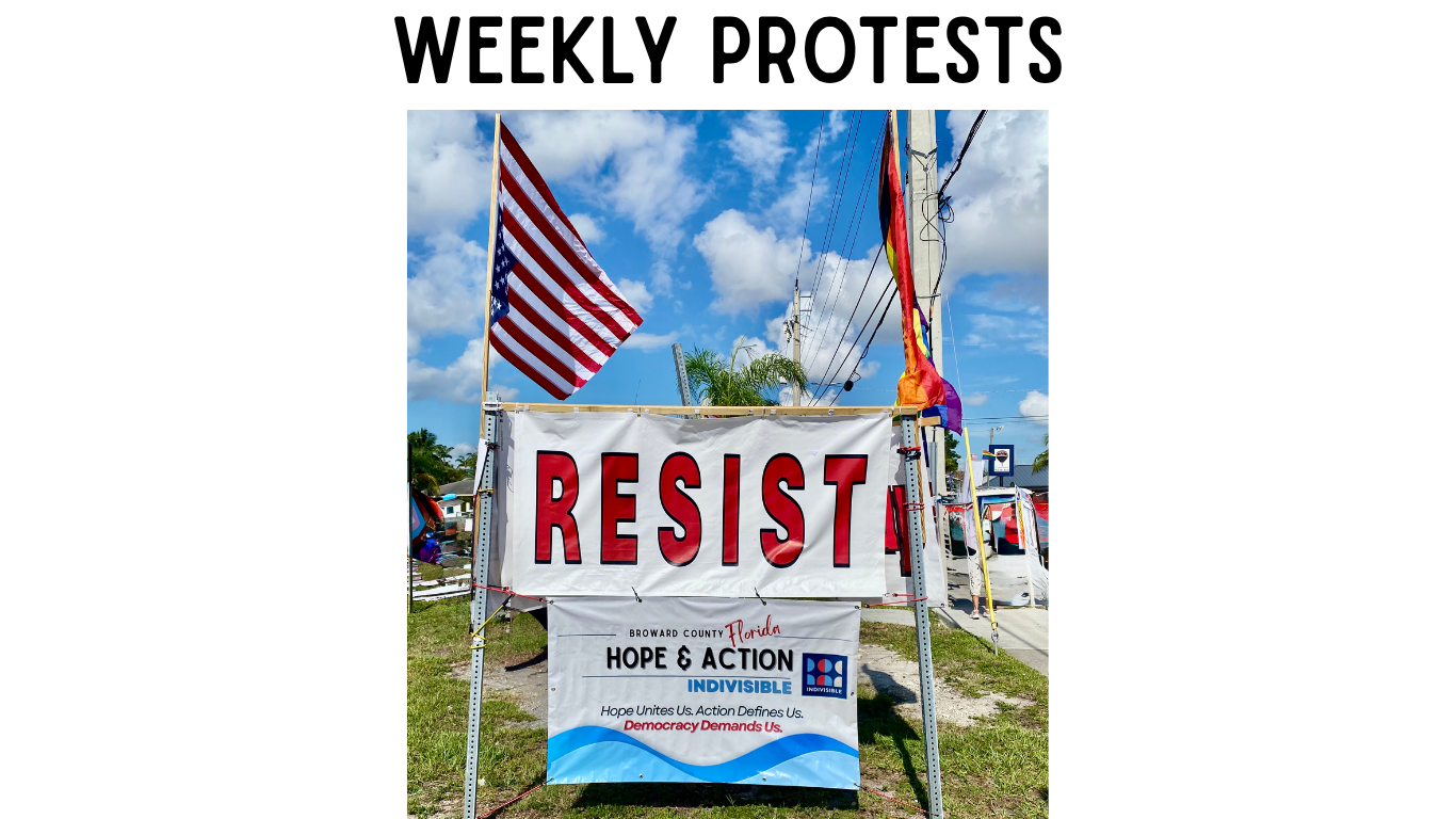 Protest sign that says resist next to an American flag and the Hope. and Action banner 