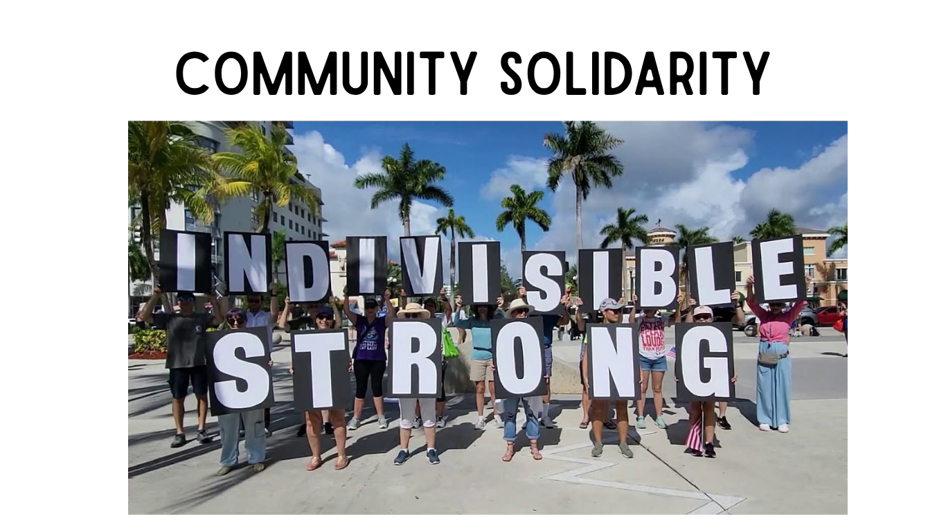 A group of protestors holding letters to create the message indivisible strong