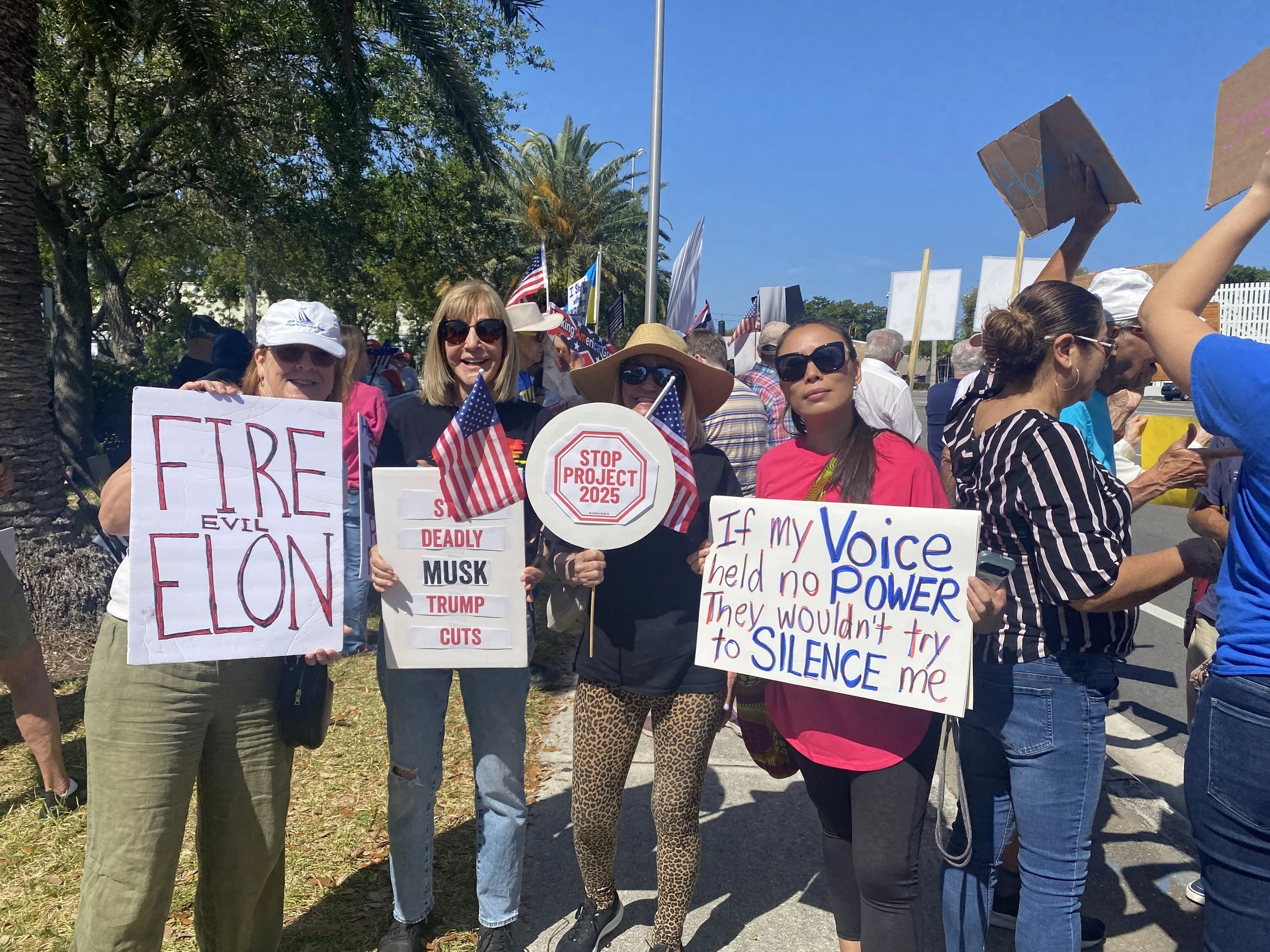 A crowd of people at a protest holding signs and American flags, with some signs criticizing Elon Musk and supporting political causes.