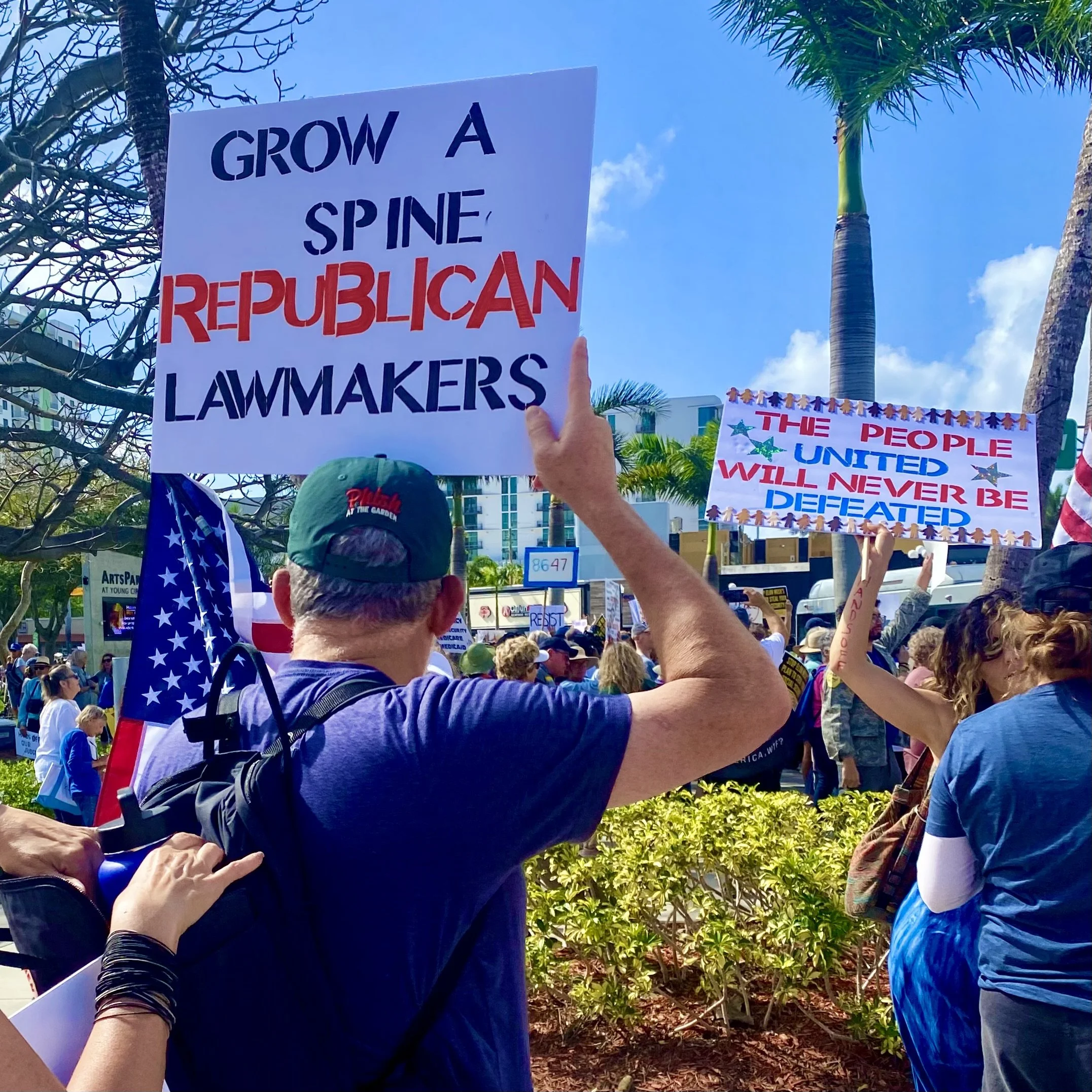 A crowd of people at a protest or rally holding signs, with one prominent sign reading 'GROW A SPINE, REPUBLICAN LAWMAKERS'. The scene takes place outdoors on a sunny day with palm trees and a blue sky in the background.