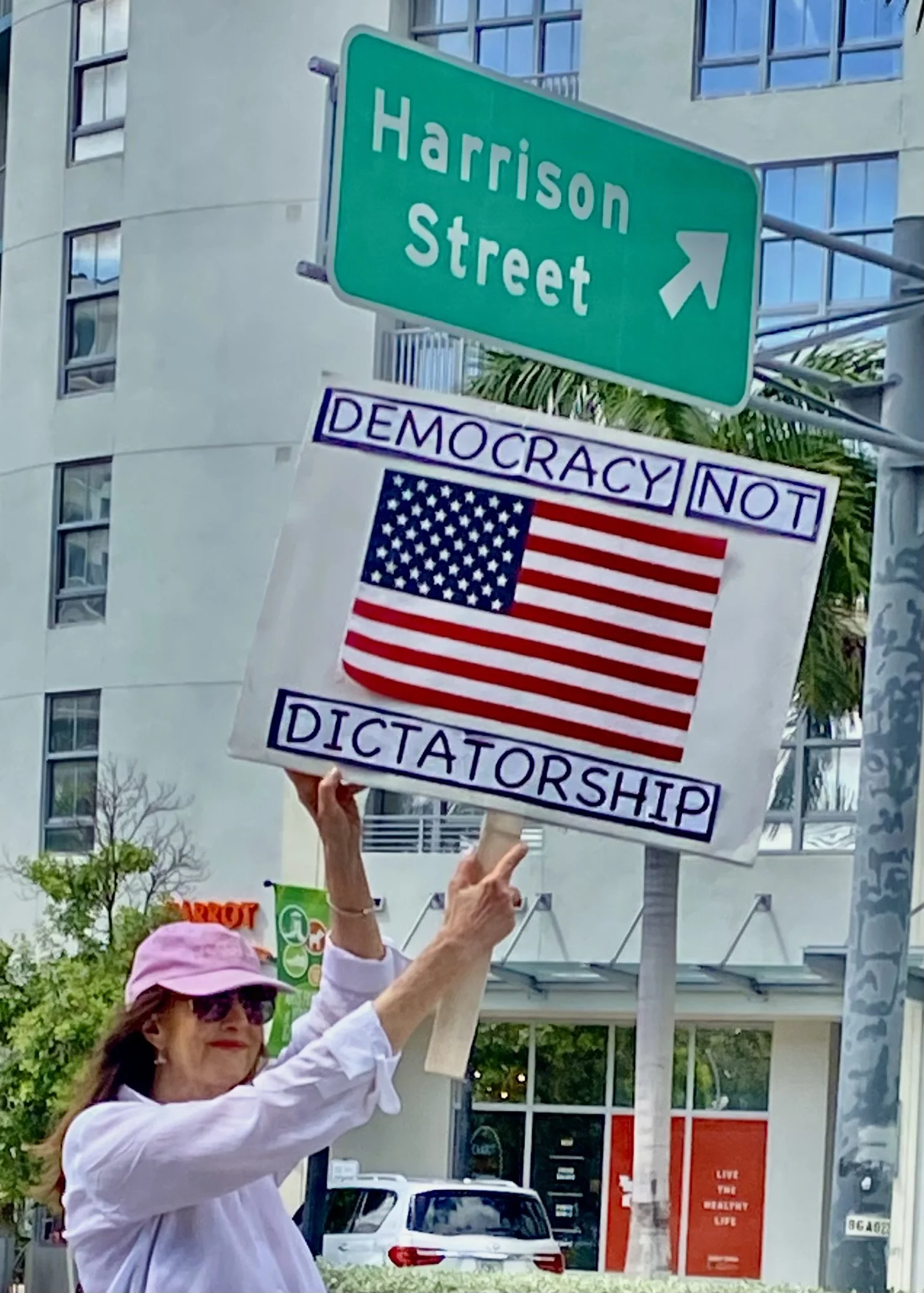 A woman holding protest signs, one reads 'DEMOCRACY NOT DICTATORSHIP' with an American flag, and another sign points to Harrison Street in a city setting.