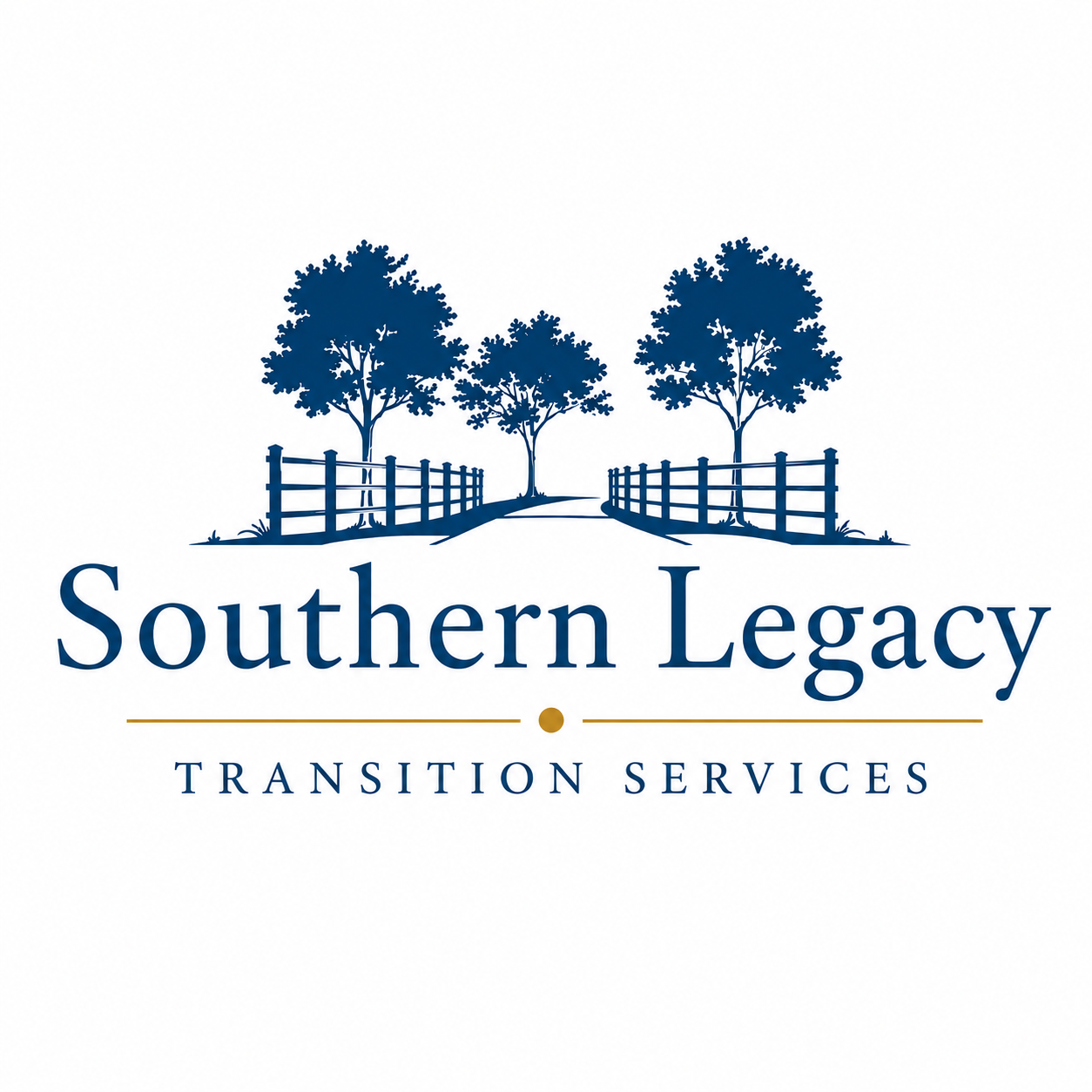 Logo for Southern Legacy Transition Services featuring trees, fencing, and the company name in blue and gold.
