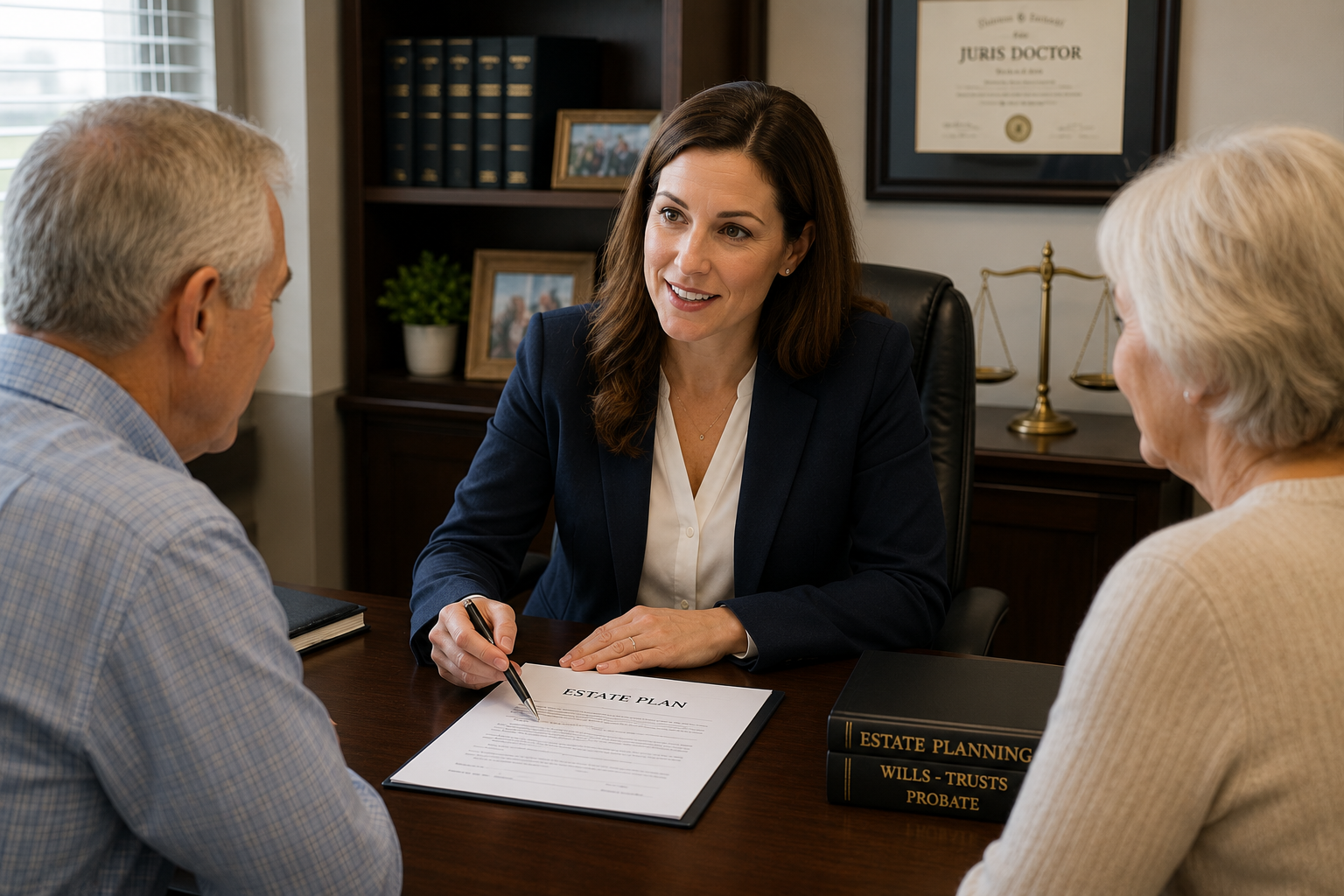 Estate planning attorney meeting with clients to discuss wills, trusts, and elder planning.