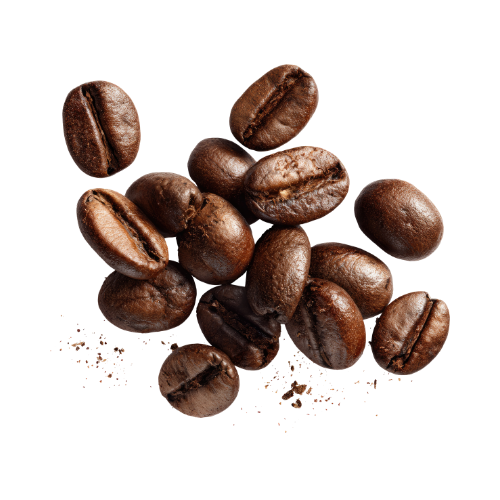 A group of roasted coffee beans scattered on a surface.