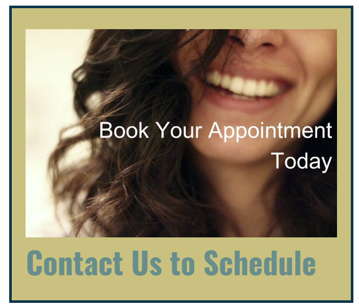 Close-up of a smiling woman with dark, curly hair with overlaid text offering to book an appointment, and a call to action to contact to schedule.